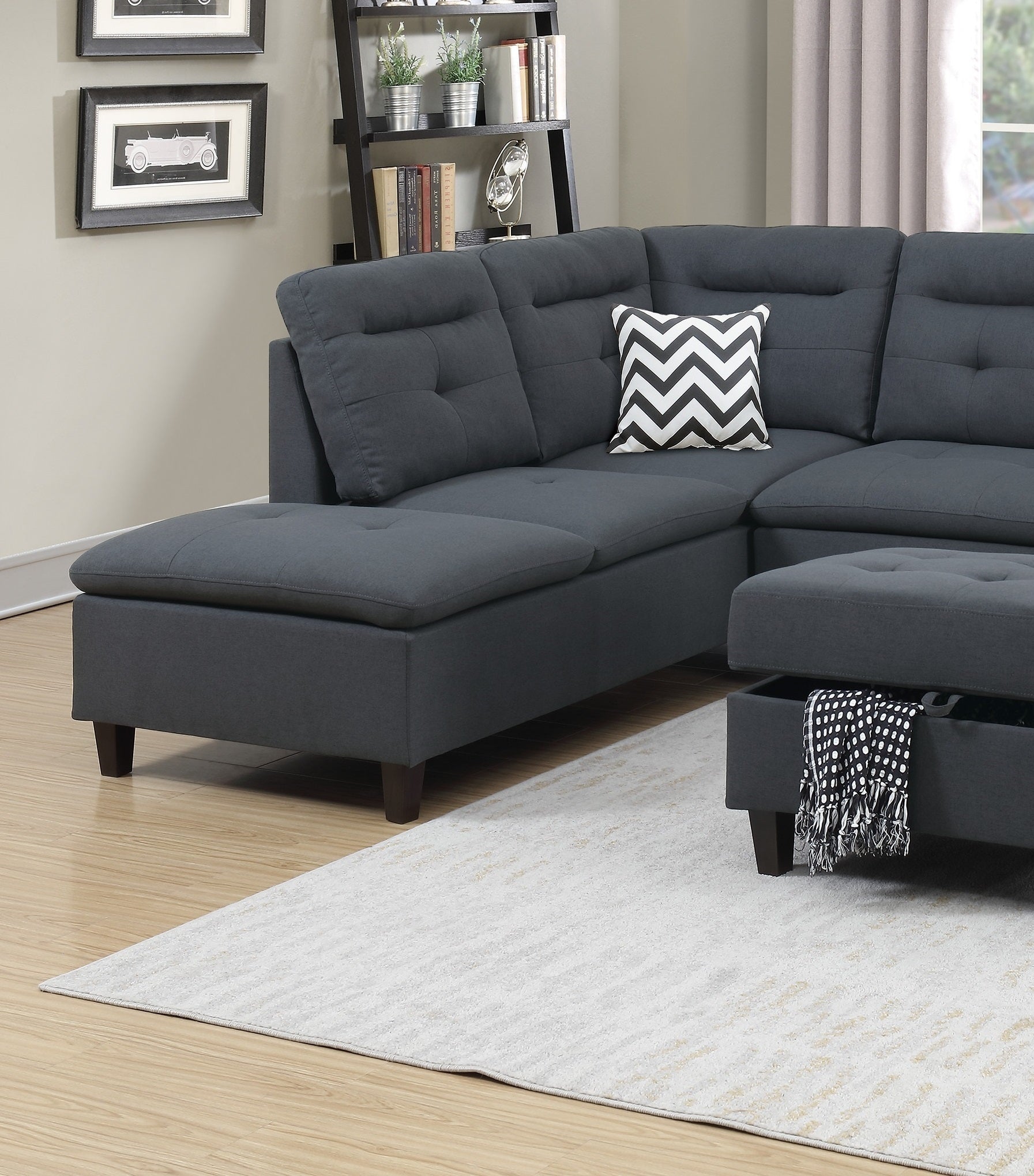 Living Room Furniture Charcoal Cushion Sectional W Ottoman Linen Like Fabric Sofa Chaise Charcoal Grey Wood Primary Living Space Tufted Back Classic,Contemporary,Modern L Shaped Pine Pillow Top Arms Solid Wood 4 Seat