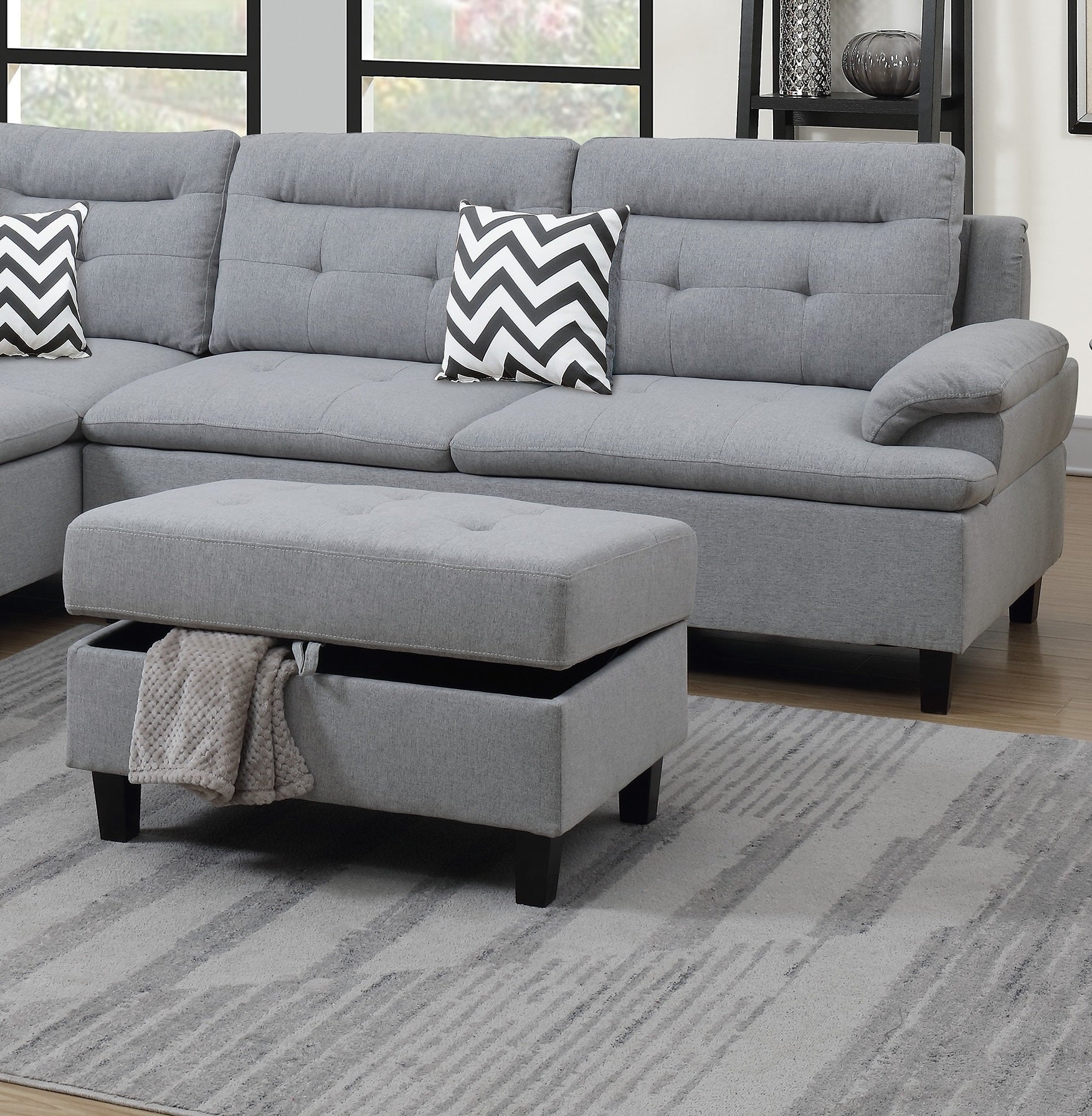 Living Room Furniture Grey Cushion Sectional W Ottoman Linen Like Fabric Sofa Chaise Grey Wood Primary Living Space Cushion Back Classic,Contemporary,Modern L Shaped Pine Pillow Top Arms Solid Wood 4 Seat