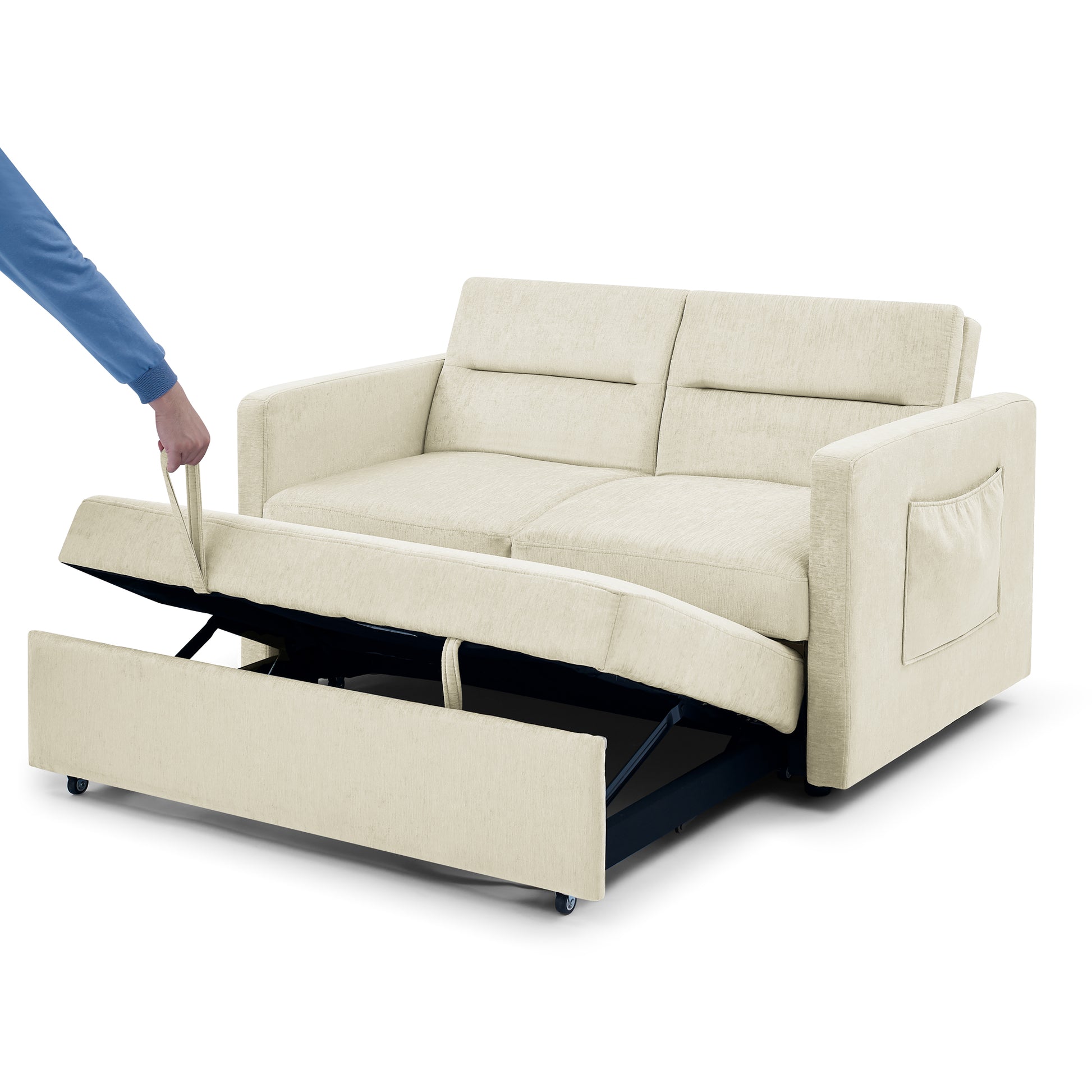 Loveseats Sofa Bed With Pull Out Bed,Adjsutable Back And Two Arm Pocket,Beige 54.5"X33"X31.5" Beige Velvet