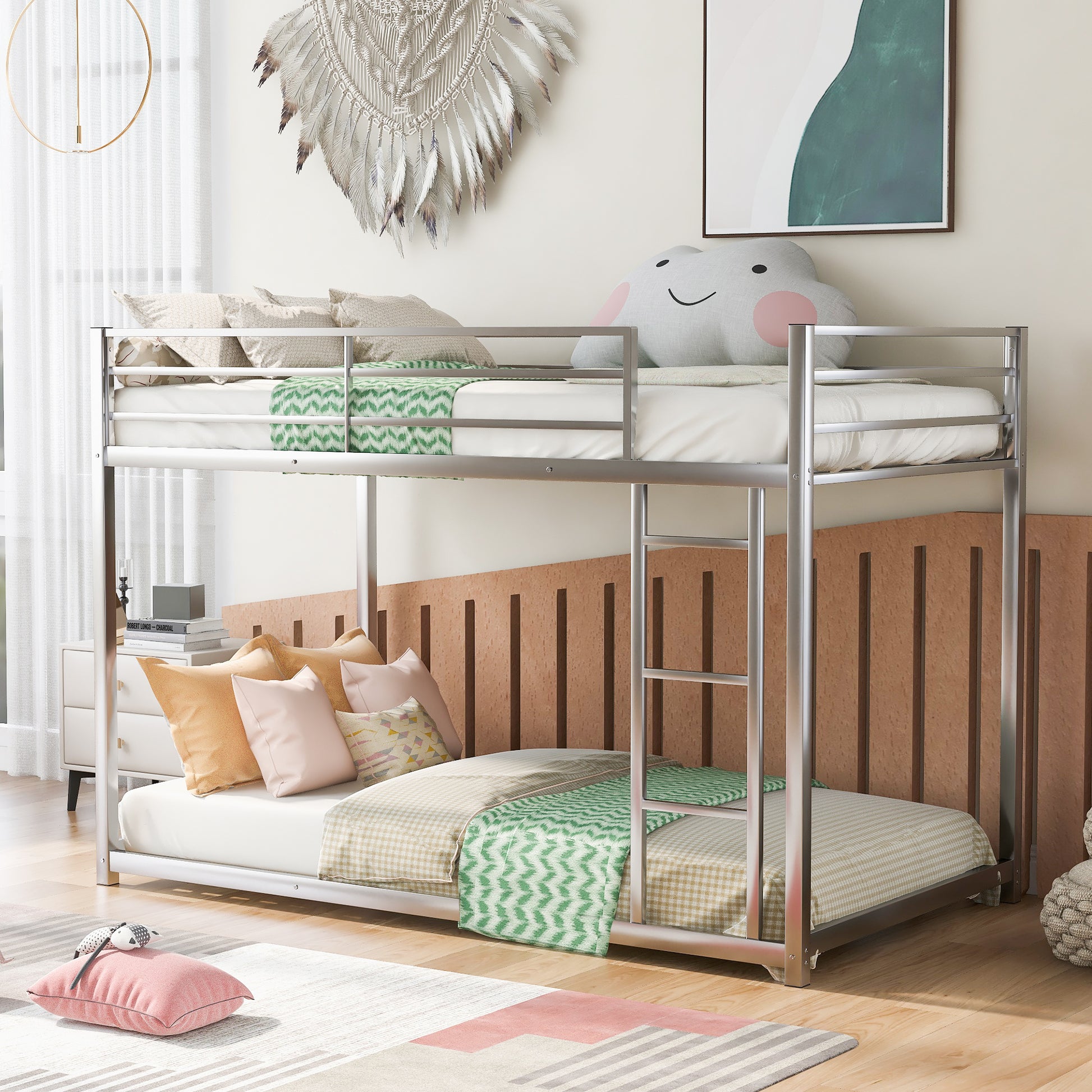 Twin Over Twin Metal Bunk Bed, Low Bunk Bed With Ladder,Silver Old Sku:Wf282465Aan Silver Metal