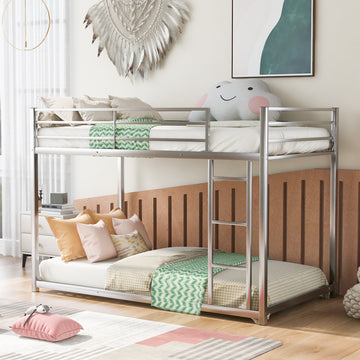 Twin Over Twin Metal Bunk Bed, Low Bunk Bed With Ladder,Silver Old Sku:Wf282465Aan Silver Metal