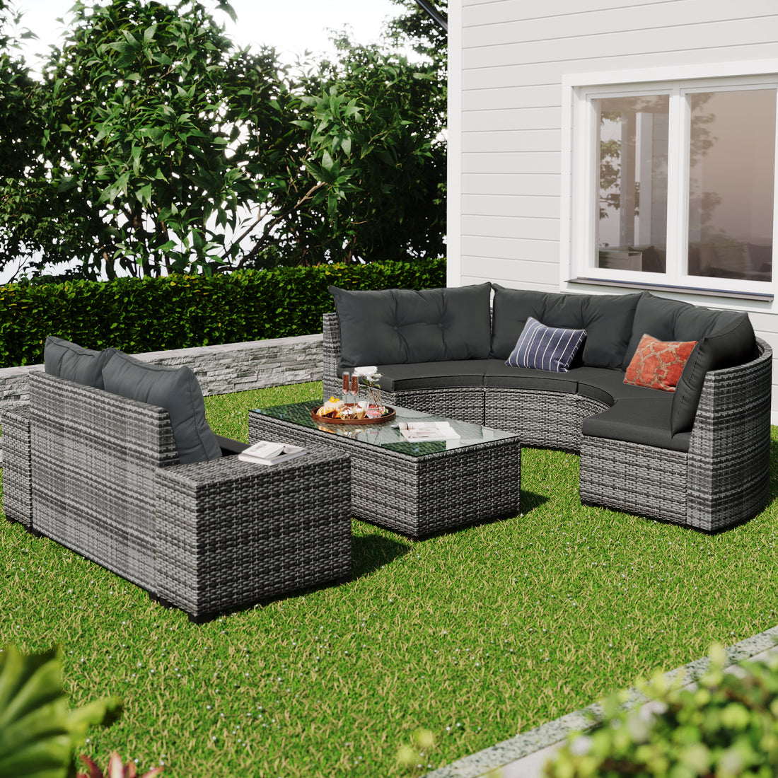 8 Pieces Outdoor Wicker Round Sofa Set, Half Moon Sectional Sets All Weather, Curved Sofa Set With Rectangular Coffee Table, Pe Rattan Water Resistant And Uv Protected, Movable Cushion, Gray Yes Gray Garden & Outdoor Wicker