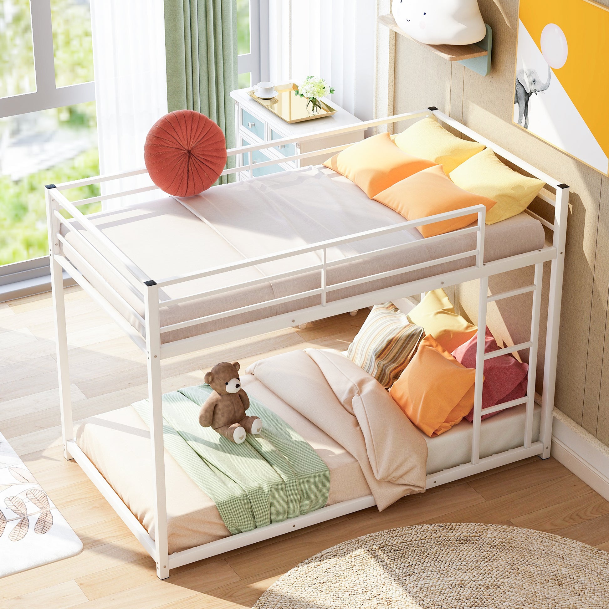 Twin Over Twin Metal Bunk Bed, Low Bunk Bed With Ladder,White Old Sku:Mf197033Aak White Metal