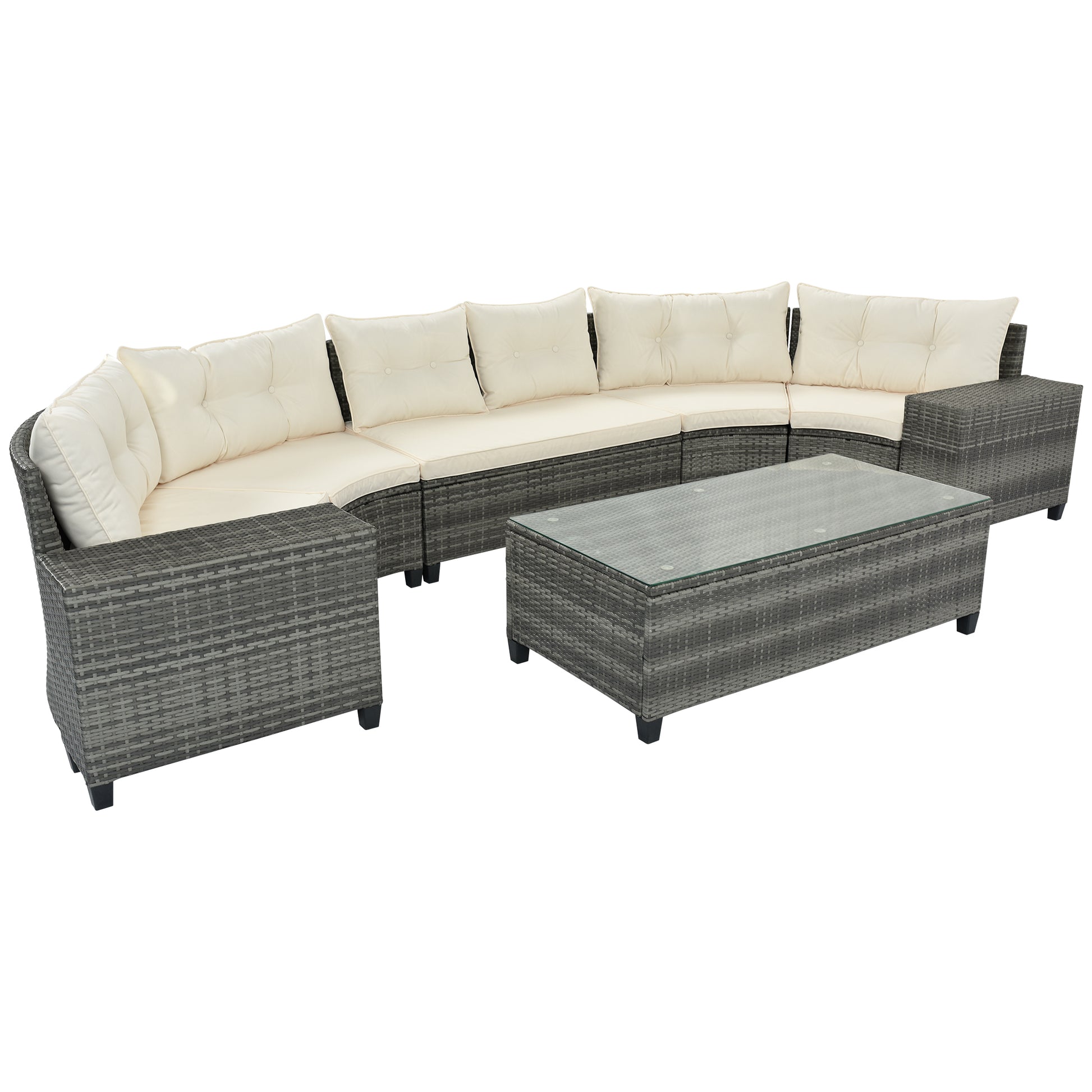 8 Pieces Outdoor Wicker Round Sofa Set, Half Moon Sectional Sets All Weather, Curved Sofa Set With Rectangular Coffee Table, Pe Rattan Water Resistant And Uv Protected, Movable Cushion, Beige Yes Complete Patio Set Beige Garden & Outdoor Wicker