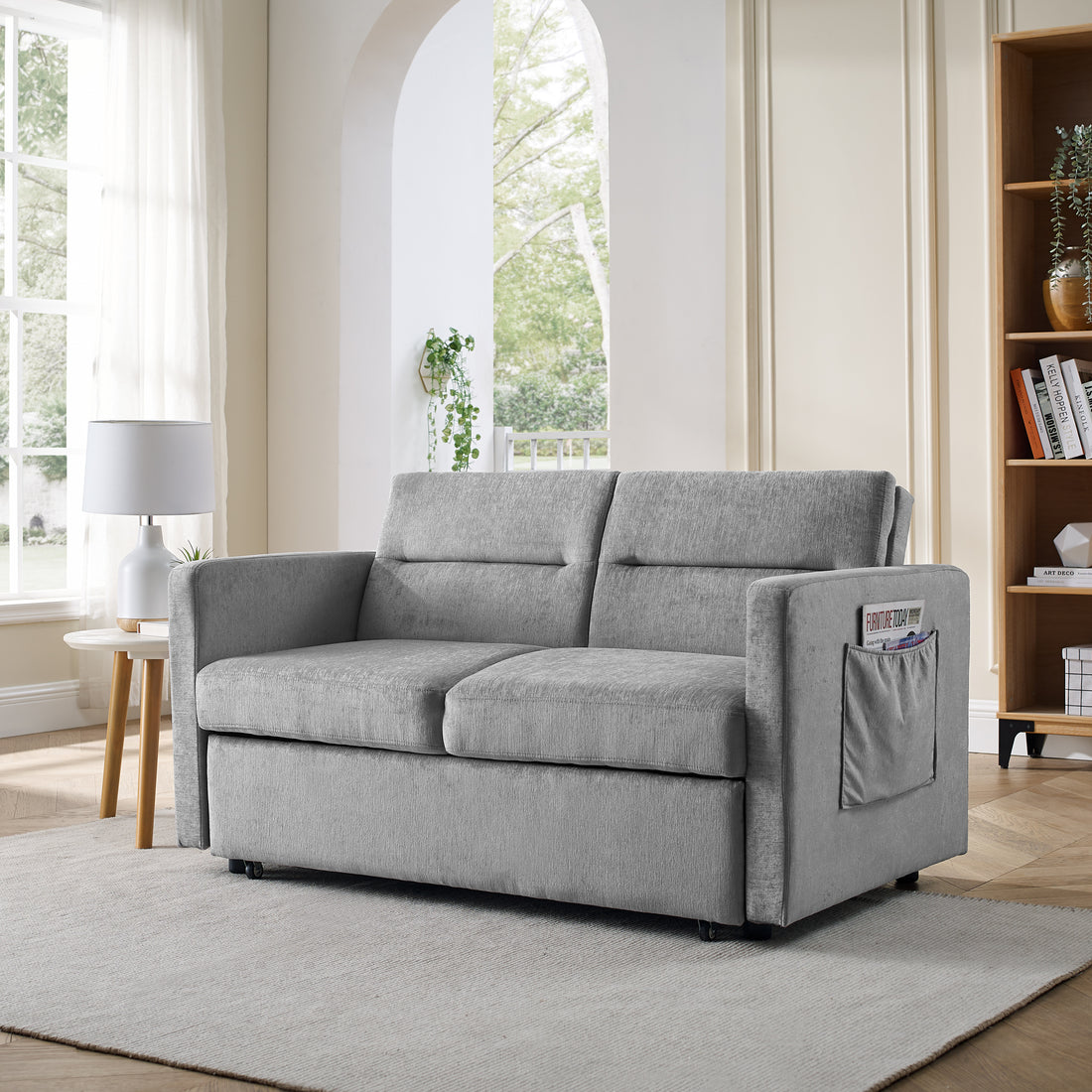 Loveseats Sofa Bed With Pull Out Bed, Adjsutable Back And Two Arm Pocket,Grey Grey Chenille