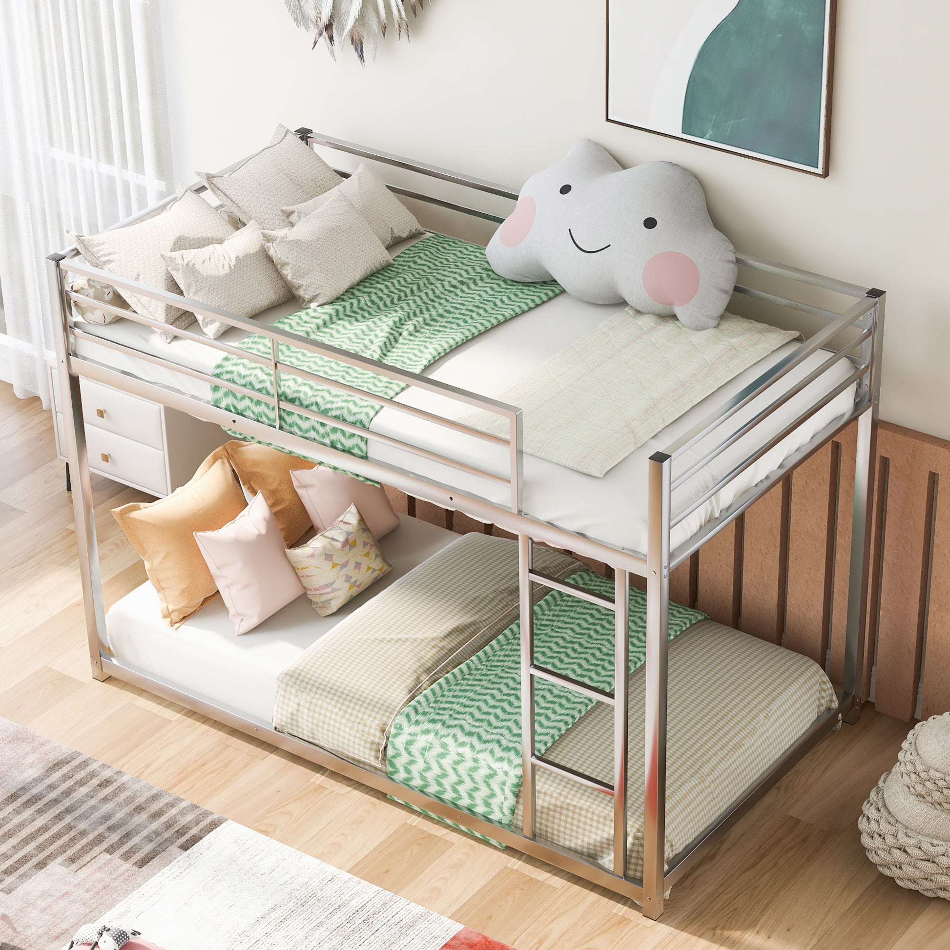 Twin Over Twin Metal Bunk Bed, Low Bunk Bed With Ladder,Silver Old Sku:Wf282465Aan Silver Metal