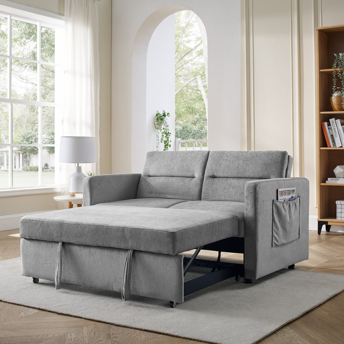 Loveseats Sofa Bed With Pull Out Bed, Adjsutable Back And Two Arm Pocket,Grey Grey Chenille