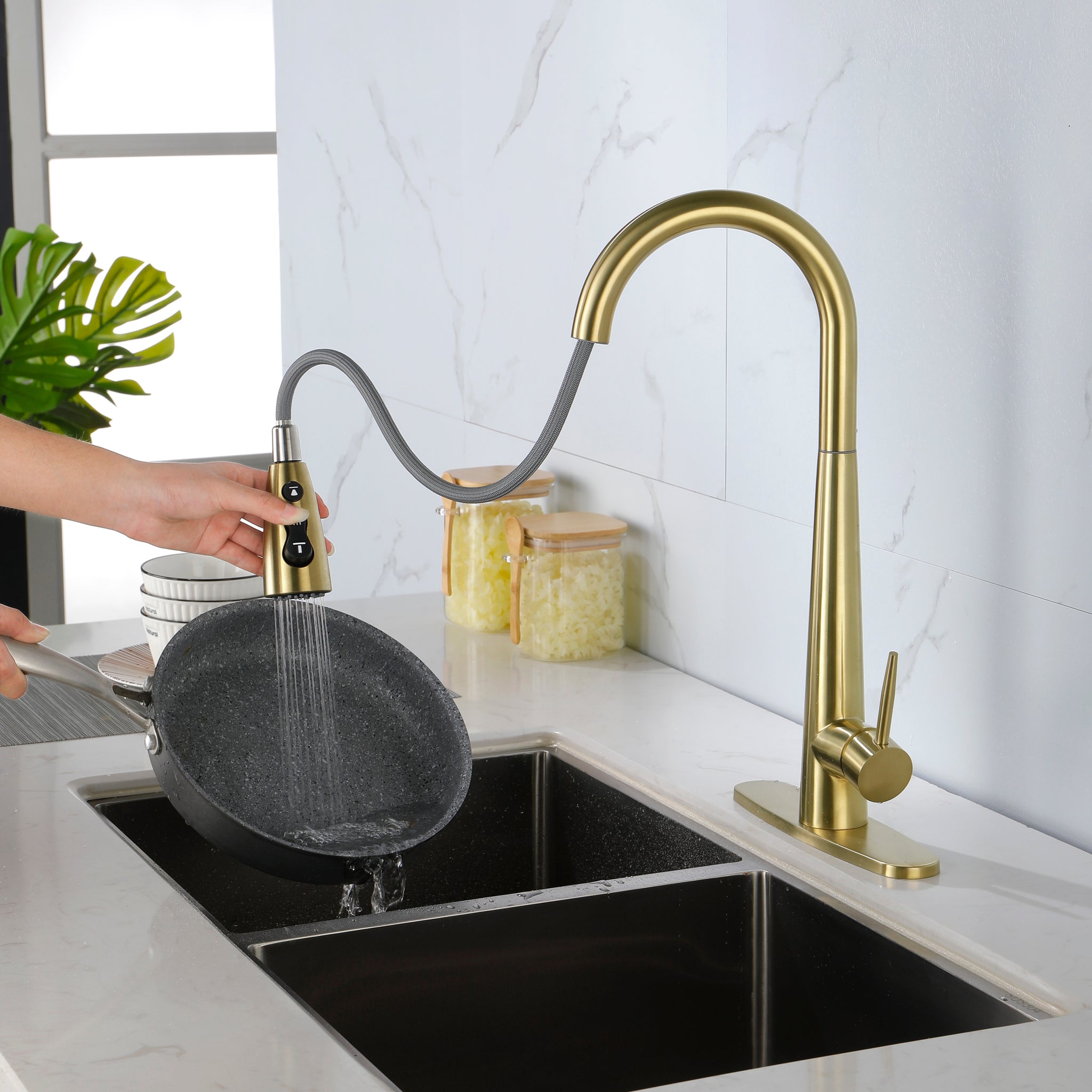 Kitchen Faucet With Pull Down Sprayerhigh Arc Single Handle Kitchen Sink Faucet With Deck Plate, Commercial Modern Stainless Steel Kitchen Faucets Gold Stainless Steel