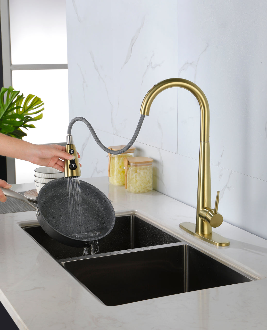 Kitchen Faucet With Pull Down Sprayerhigh Arc Single Handle Kitchen Sink Faucet With Deck Plate, Commercial Modern Stainless Steel Kitchen Faucets Gold Stainless Steel