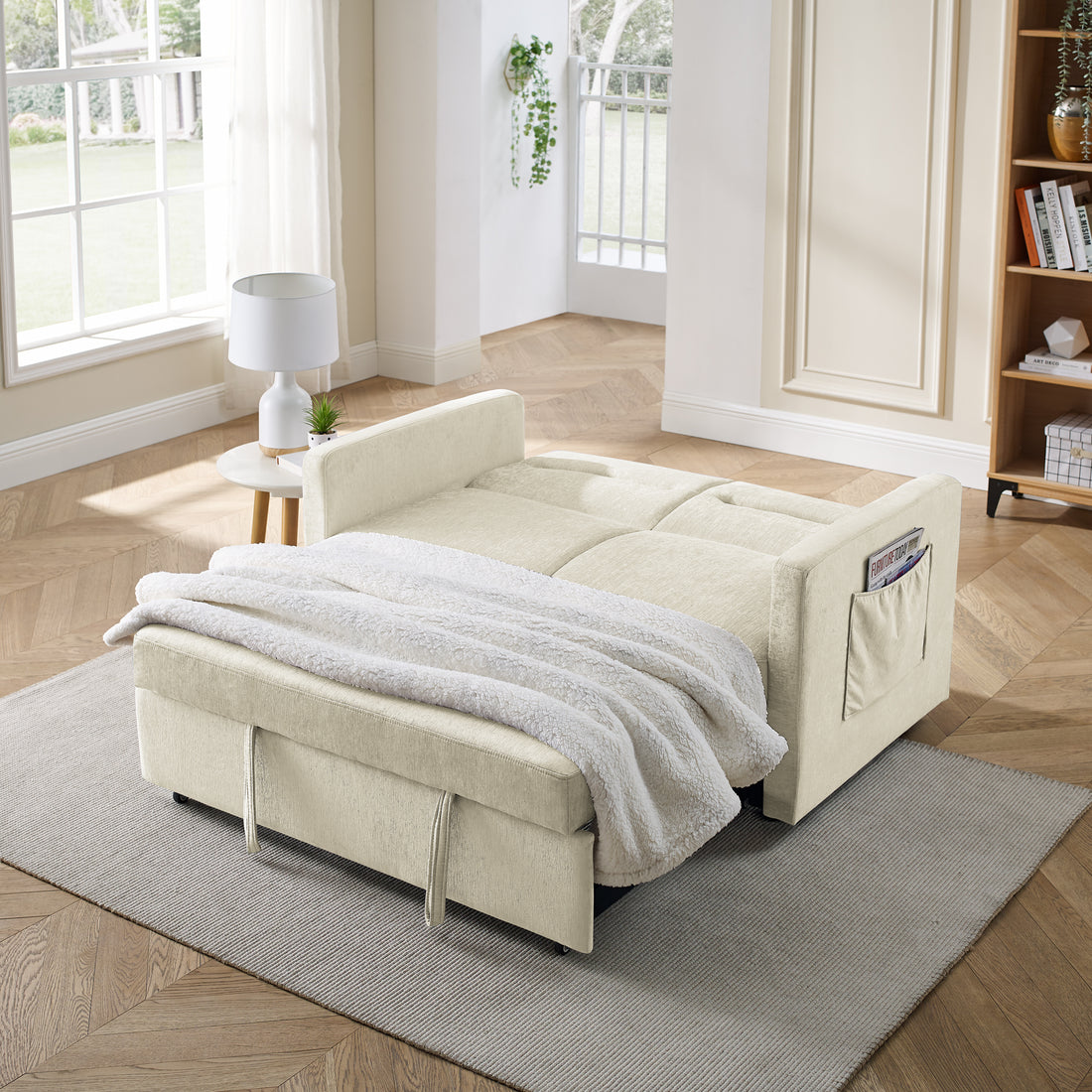 Loveseats Sofa Bed With Pull Out Bed,Adjsutable Back And Two Arm Pocket,Beige 54.5"X33"X31.5" Beige Velvet