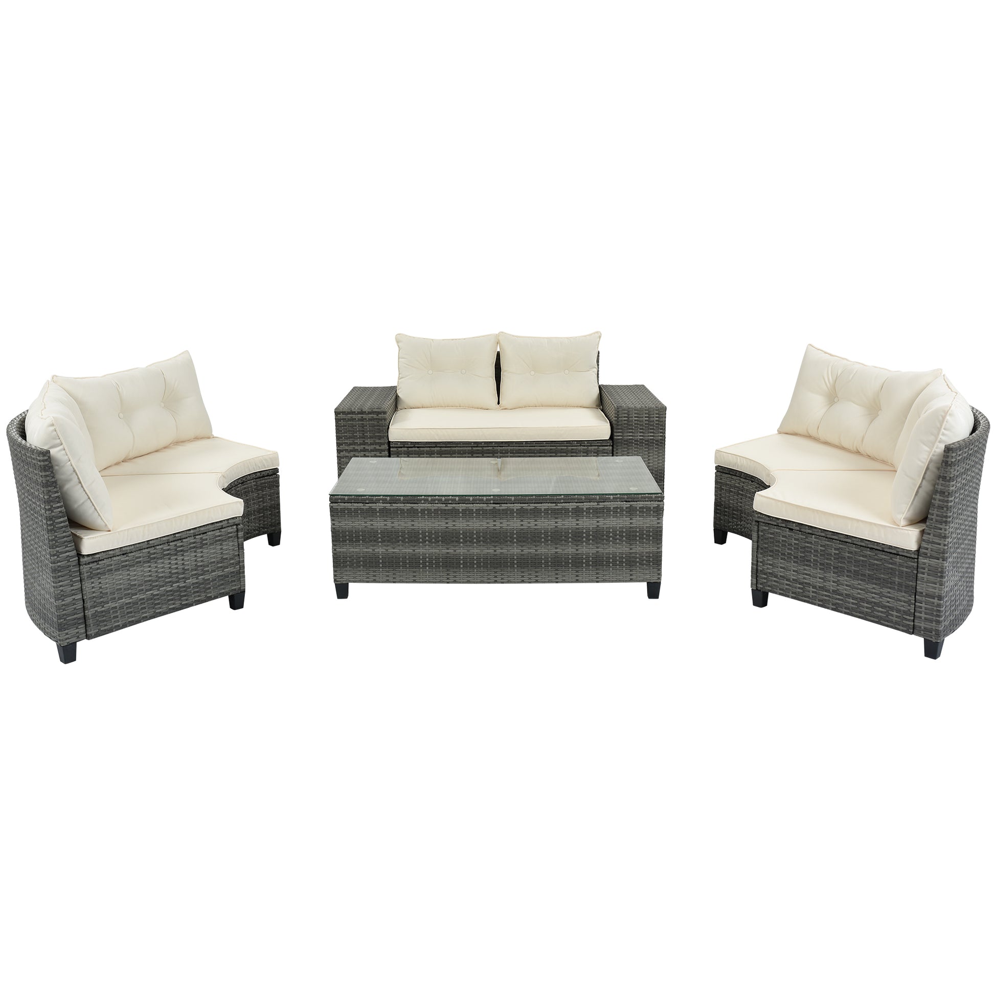 8 Pieces Outdoor Wicker Round Sofa Set, Half Moon Sectional Sets All Weather, Curved Sofa Set With Rectangular Coffee Table, Pe Rattan Water Resistant And Uv Protected, Movable Cushion, Beige Yes Complete Patio Set Beige Garden & Outdoor Wicker