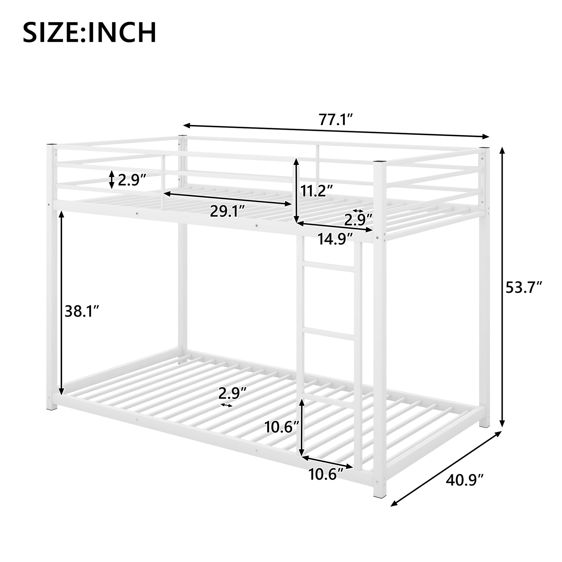 Twin Over Twin Metal Bunk Bed, Low Bunk Bed With Ladder,White Old Sku:Mf197033Aak White Metal