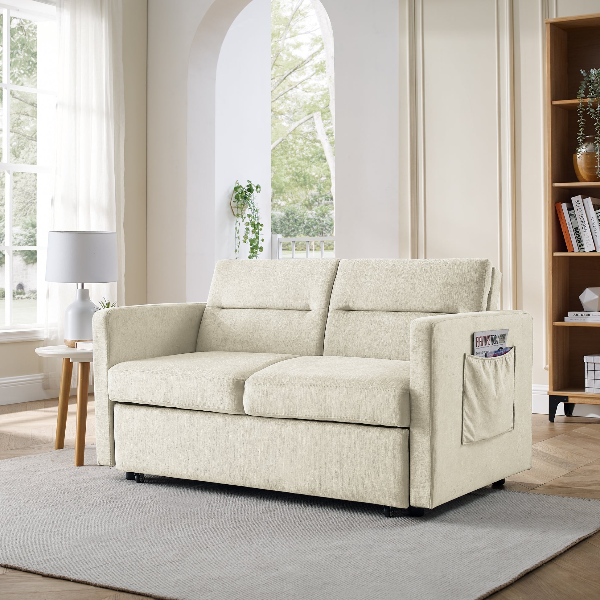 Loveseats Sofa Bed With Pull Out Bed,Adjsutable Back And Two Arm Pocket,Beige 54.5"X33"X31.5" Beige Velvet