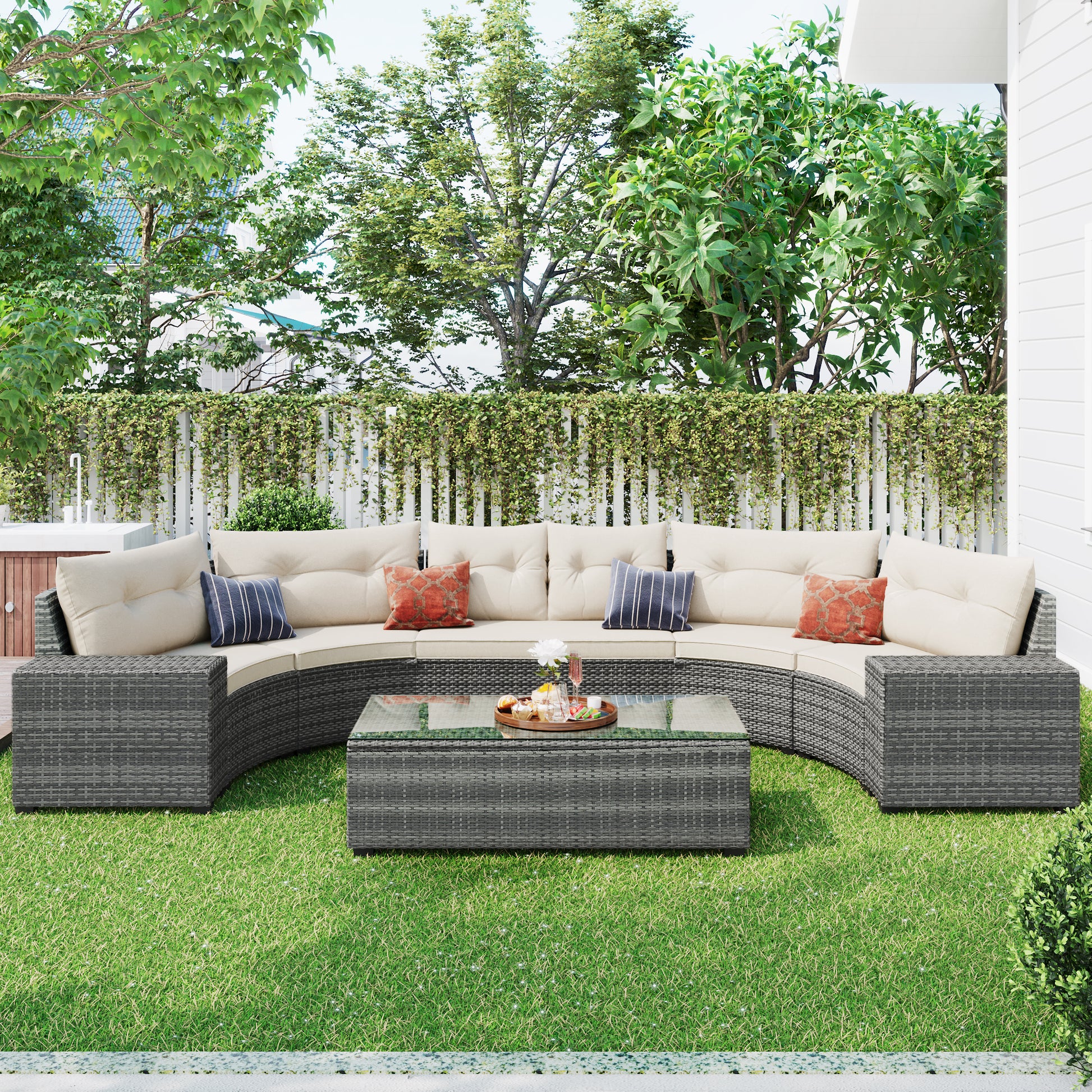 8 Pieces Outdoor Wicker Round Sofa Set, Half Moon Sectional Sets All Weather, Curved Sofa Set With Rectangular Coffee Table, Pe Rattan Water Resistant And Uv Protected, Movable Cushion, Beige Yes Complete Patio Set Beige Garden & Outdoor Wicker