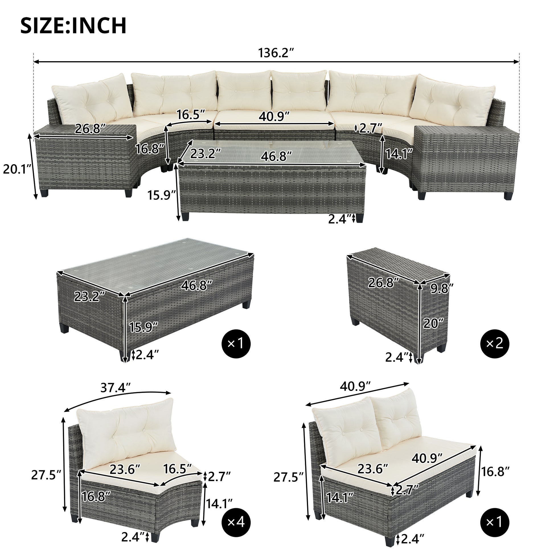 8 Pieces Outdoor Wicker Round Sofa Set, Half Moon Sectional Sets All Weather, Curved Sofa Set With Rectangular Coffee Table, Pe Rattan Water Resistant And Uv Protected, Movable Cushion, Beige Yes Complete Patio Set Beige Garden & Outdoor Wicker