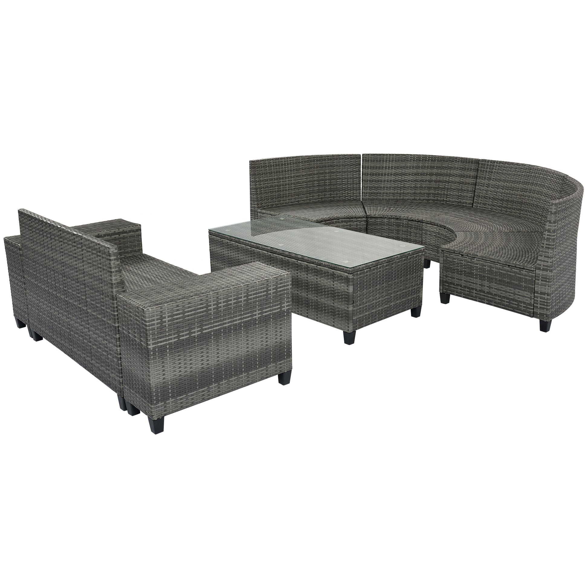 8 Pieces Outdoor Wicker Round Sofa Set, Half Moon Sectional Sets All Weather, Curved Sofa Set With Rectangular Coffee Table, Pe Rattan Water Resistant And Uv Protected, Movable Cushion, Gray Yes Gray Garden & Outdoor Wicker