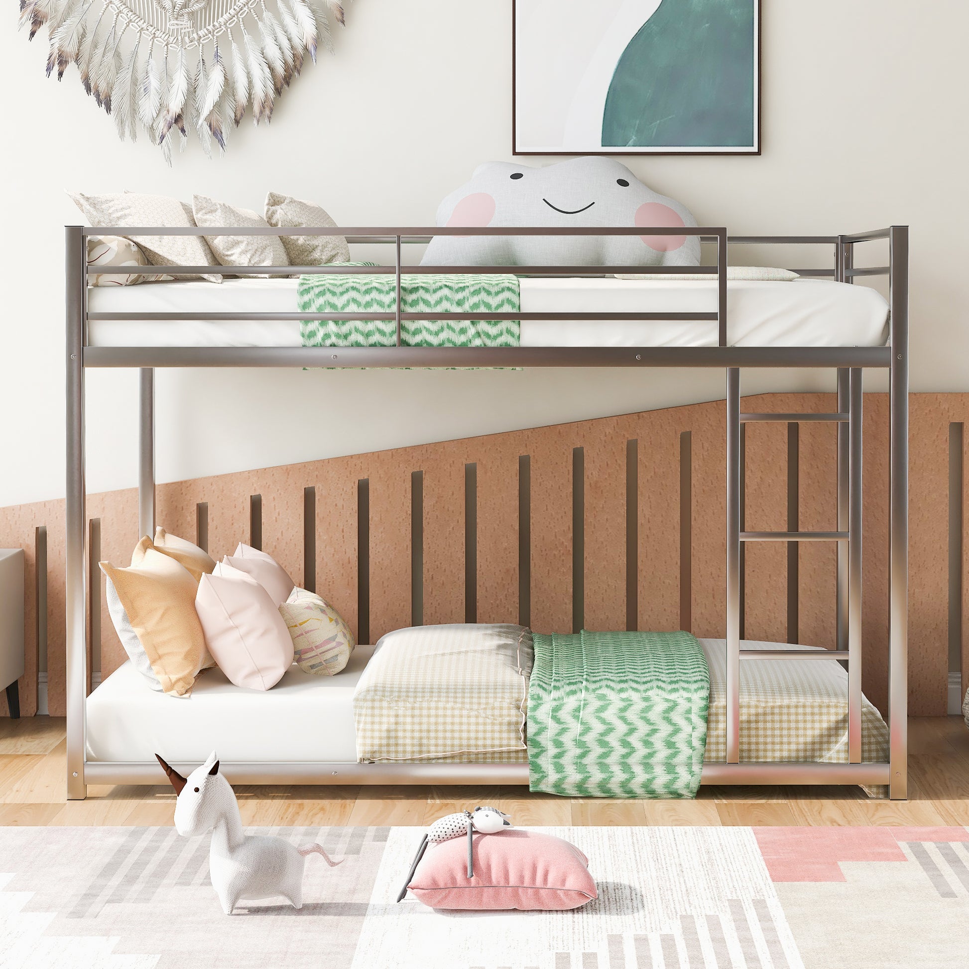 Twin Over Twin Metal Bunk Bed, Low Bunk Bed With Ladder,Silver Old Sku:Wf282465Aan Silver Metal