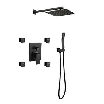 Shower System, 10 Inch Matte Black Full Body Shower System With Body Jets, Square Rainfall Shower Head, Handheld Shower, And 3 Functions Pressure Balance Shower Valve, Bathroom Luxury Faucet Set. Matt Black Brass