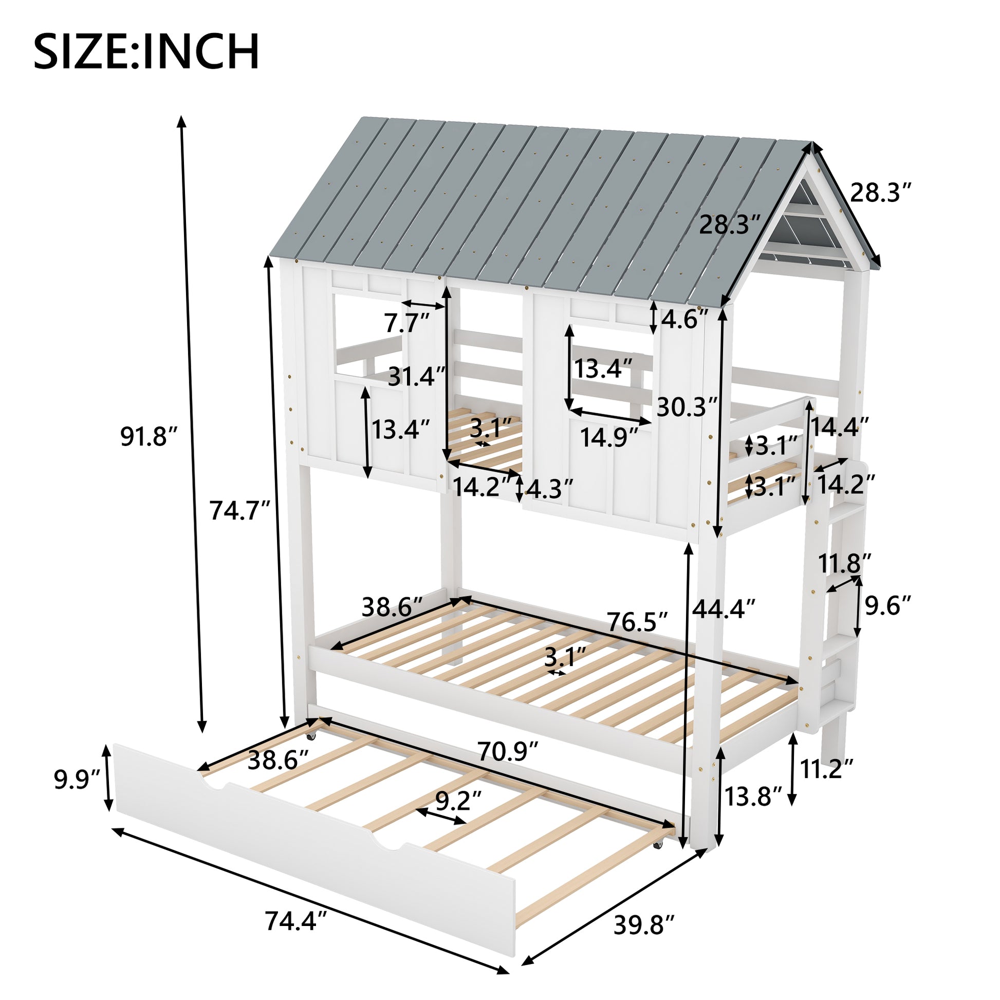 House Bunk Bed With Trundle,Roof And Windows,White Old Sku:Gx000705Aak White Pine