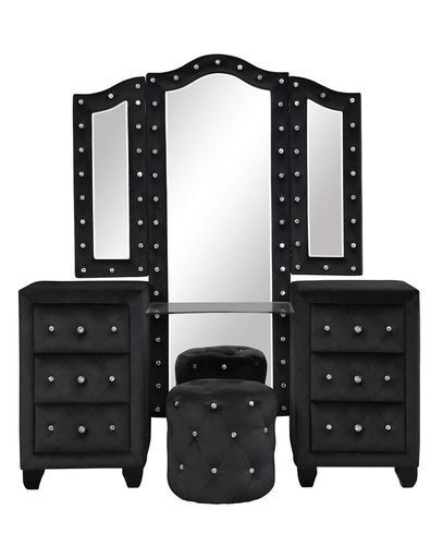 Sophia Queen 4 Pc Vanity Upholstery Bedroom Set Made With Wood In Black Box Spring Not Required Queen Black Wood 4 Piece Set Bedroom Contemporary,Modern Acacia Upholstered Velvet Tufted Wood