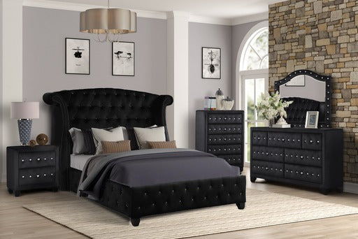 Queen 5 Pc Upholstery Bedroom Set Made With Wood In Black Box Spring Not Required Queen Black Wood 5 Piece Set Bedroom Contemporary,Modern Acacia Upholstered Velvet Tufted Wood