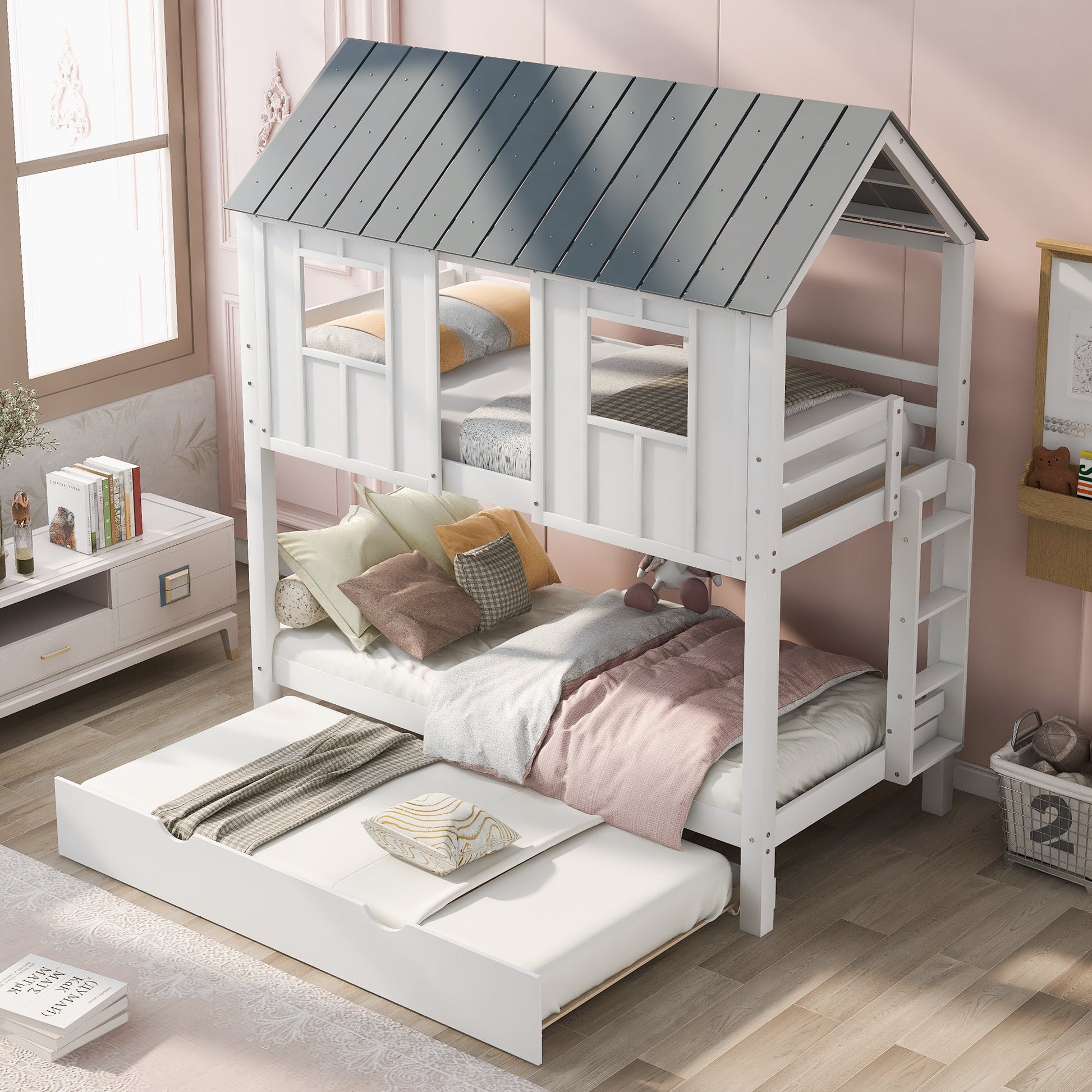 House Bunk Bed With Trundle,Roof And Windows,White Old Sku:Gx000705Aak White Pine