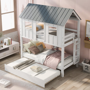 House Bunk Bed With Trundle,Roof And Windows,White Old Sku:Gx000705Aak White Pine