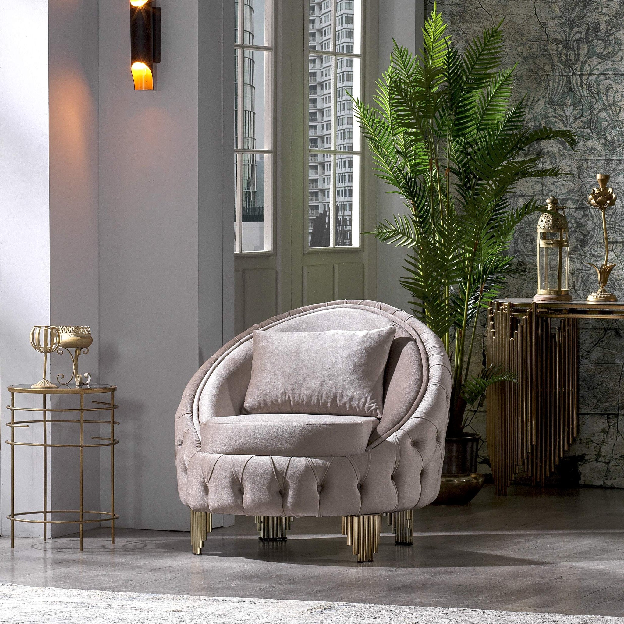 Modern Style Button Tufted Chair Made Of Wood And Gold Coated Metal Legs In Taupe Color Taupe Polyester Wood Primary Living Space Firm Tufted Back Modern Solid Wood Mdf Wood 1 Seat