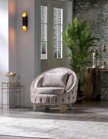 Modern Style Button Tufted Chair Made Of Wood And Gold Coated Metal Legs In Taupe Color Taupe Polyester Wood Primary Living Space Firm Tufted Back Modern Solid Wood Mdf Wood 1 Seat