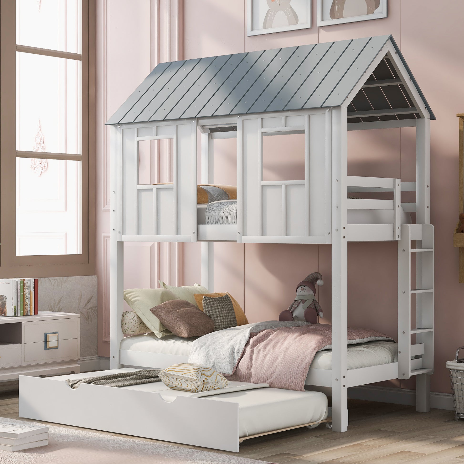 House Bunk Bed With Trundle,Roof And Windows,White Old Sku:Gx000705Aak White Pine