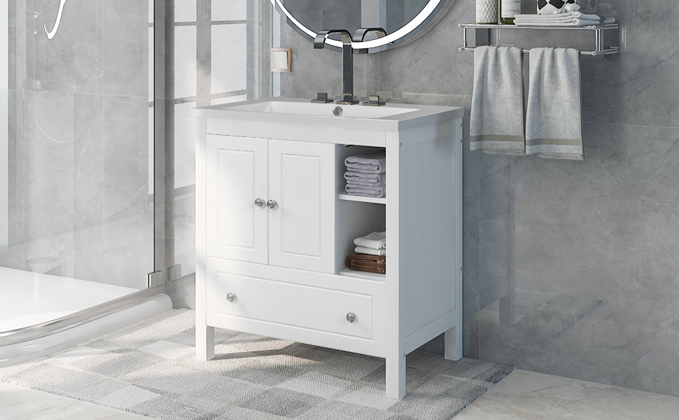 Video 30" Bathroom Vanity With Sink, Bathroom Storage Cabinet With Doors And Drawers, Solid Wood Frame, Ceramic Sink, White Old Sku:Jl000002Aak White Solid Wood
