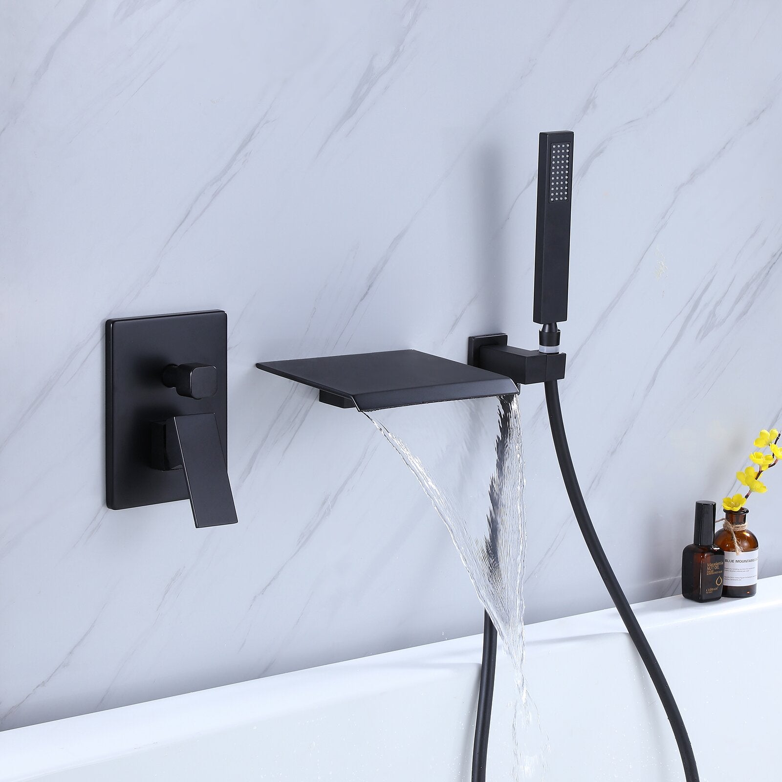 Waterfall Wall Mounted Tub Filler With Handheld Shower Matte Black Brass