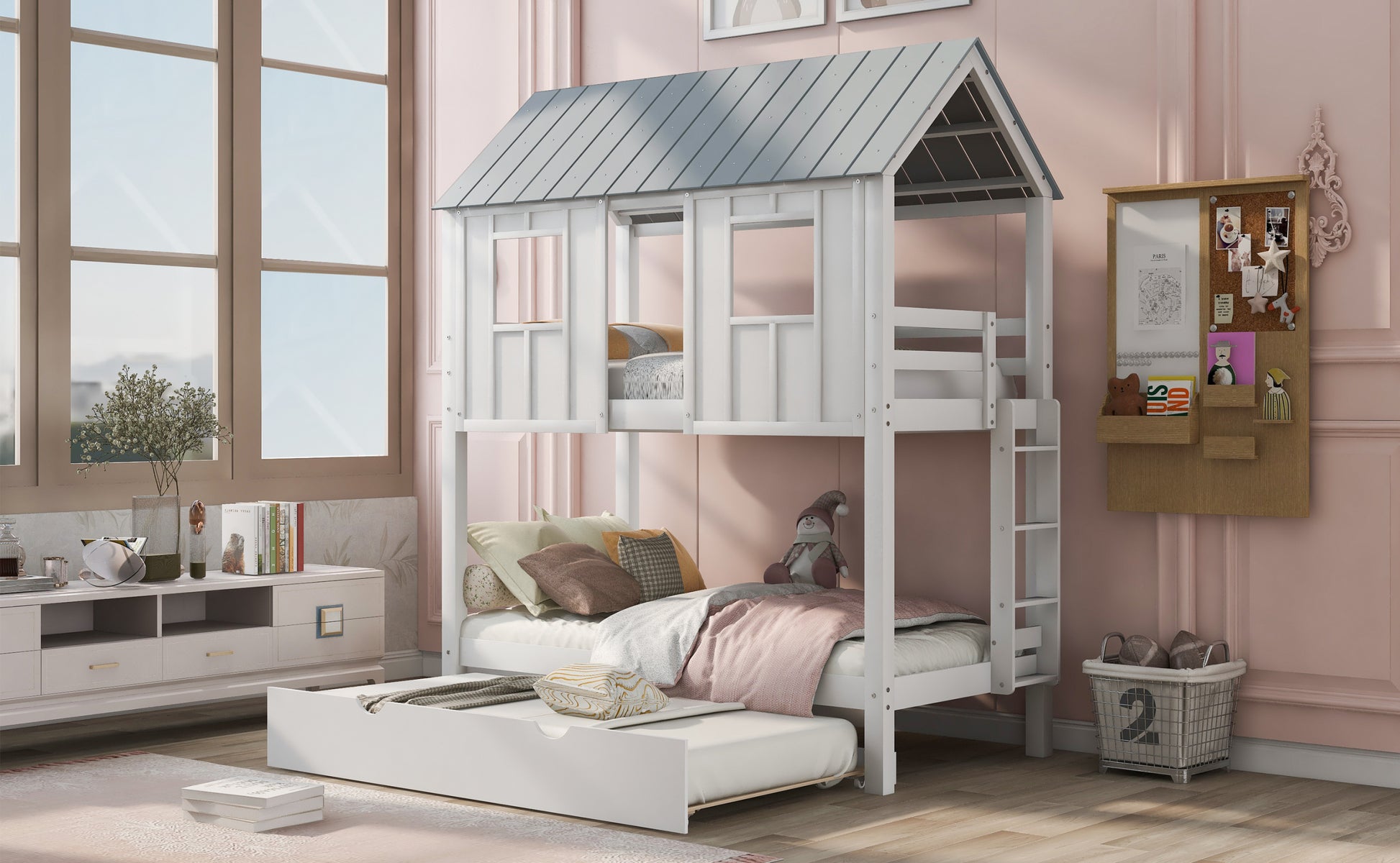 House Bunk Bed With Trundle,Roof And Windows,White Old Sku:Gx000705Aak White Pine