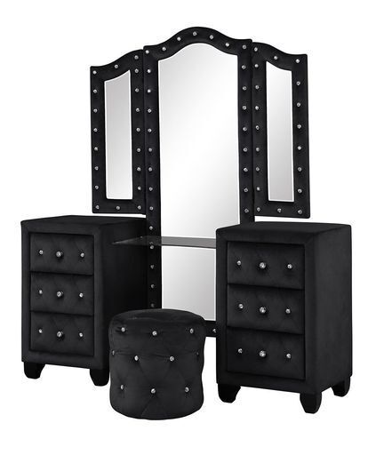 Sophia Queen 4 Pc Vanity Upholstery Bedroom Set Made With Wood In Black Box Spring Not Required Queen Black Wood 4 Piece Set Bedroom Contemporary,Modern Acacia Upholstered Velvet Tufted Wood