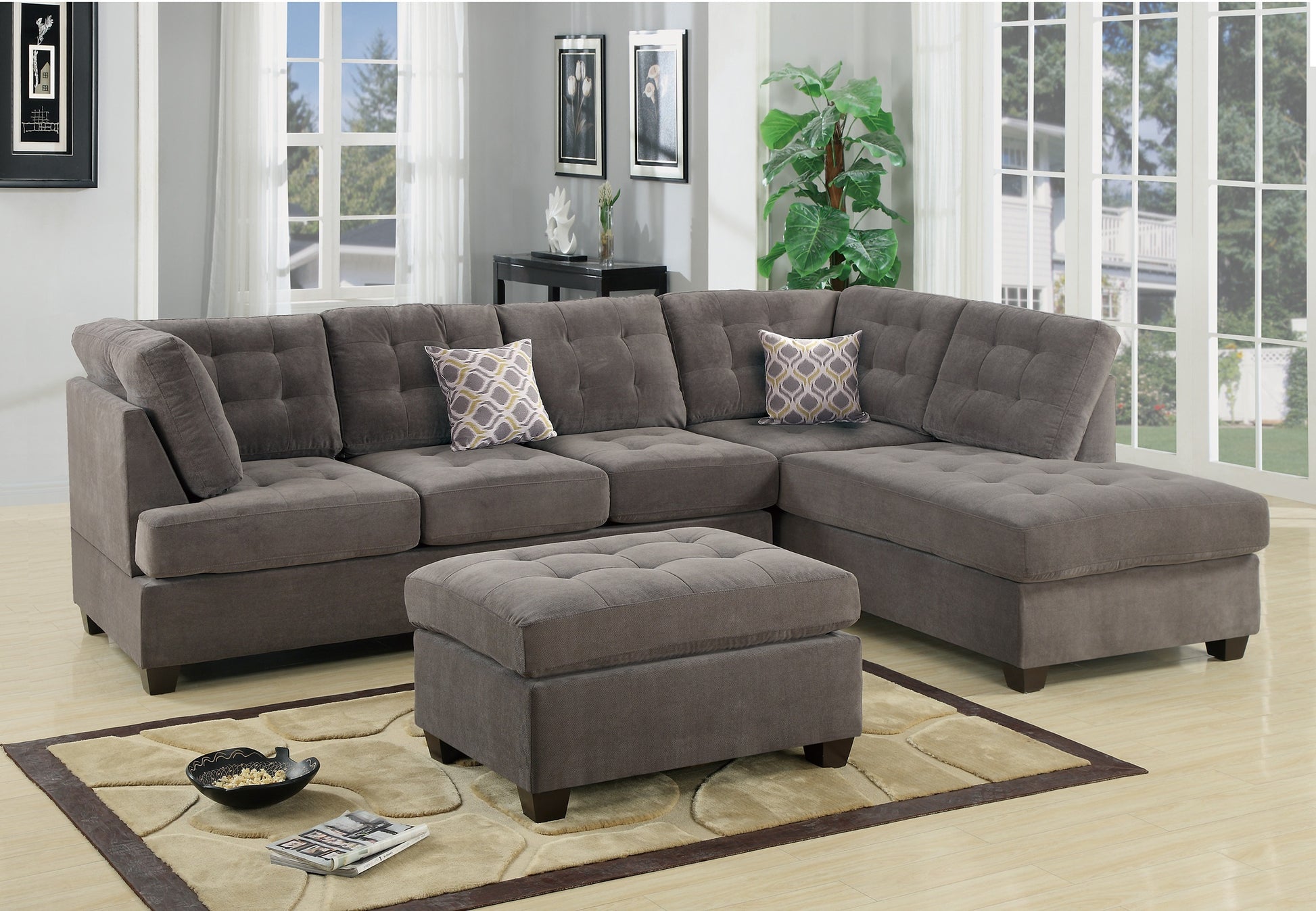 Living Room Sectional Waffle Suede Charcoal Color Sectional Sofa W Pillows Couch Tufted Cushion Contemporary No Ottoman Charcoal Grey Suede Wood Primary Living Space Tufted Back Contemporary,Modern L Shaped Pillow Top Arms Suede 5 Seat