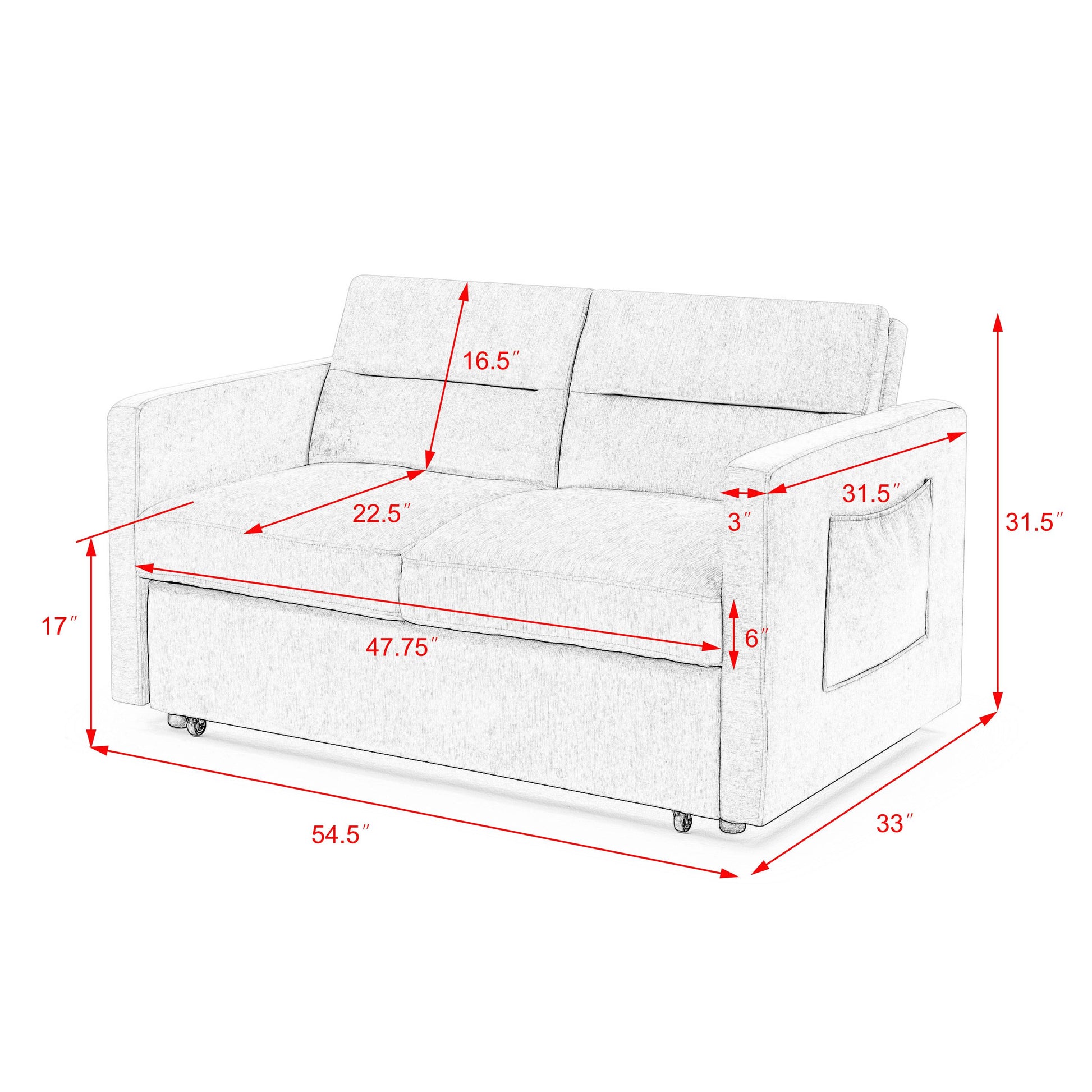 Loveseats Sofa Bed With Pull Out Bed,Adjsutable Back And Two Arm Pocket,Blue 54.5"X33"X31.5" Blue Velvet
