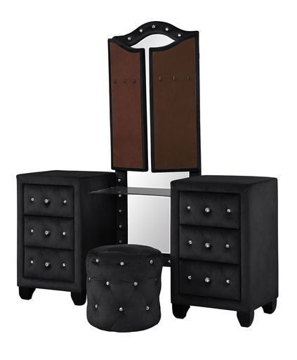 Sophia Queen 4 Pc Vanity Upholstery Bedroom Set Made With Wood In Black Box Spring Not Required Queen Black Wood 4 Piece Set Bedroom Contemporary,Modern Acacia Upholstered Velvet Tufted Wood
