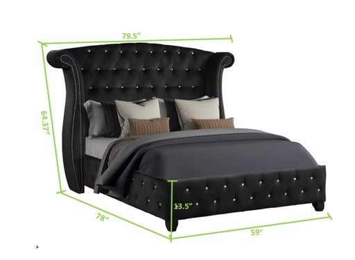 Sophia Crystal Tufted Full Bed Made With Wood In Black Color Box Spring Not Required Full Black Wood Bedroom Contemporary,Modern Acacia Upholstered Velvet Wood