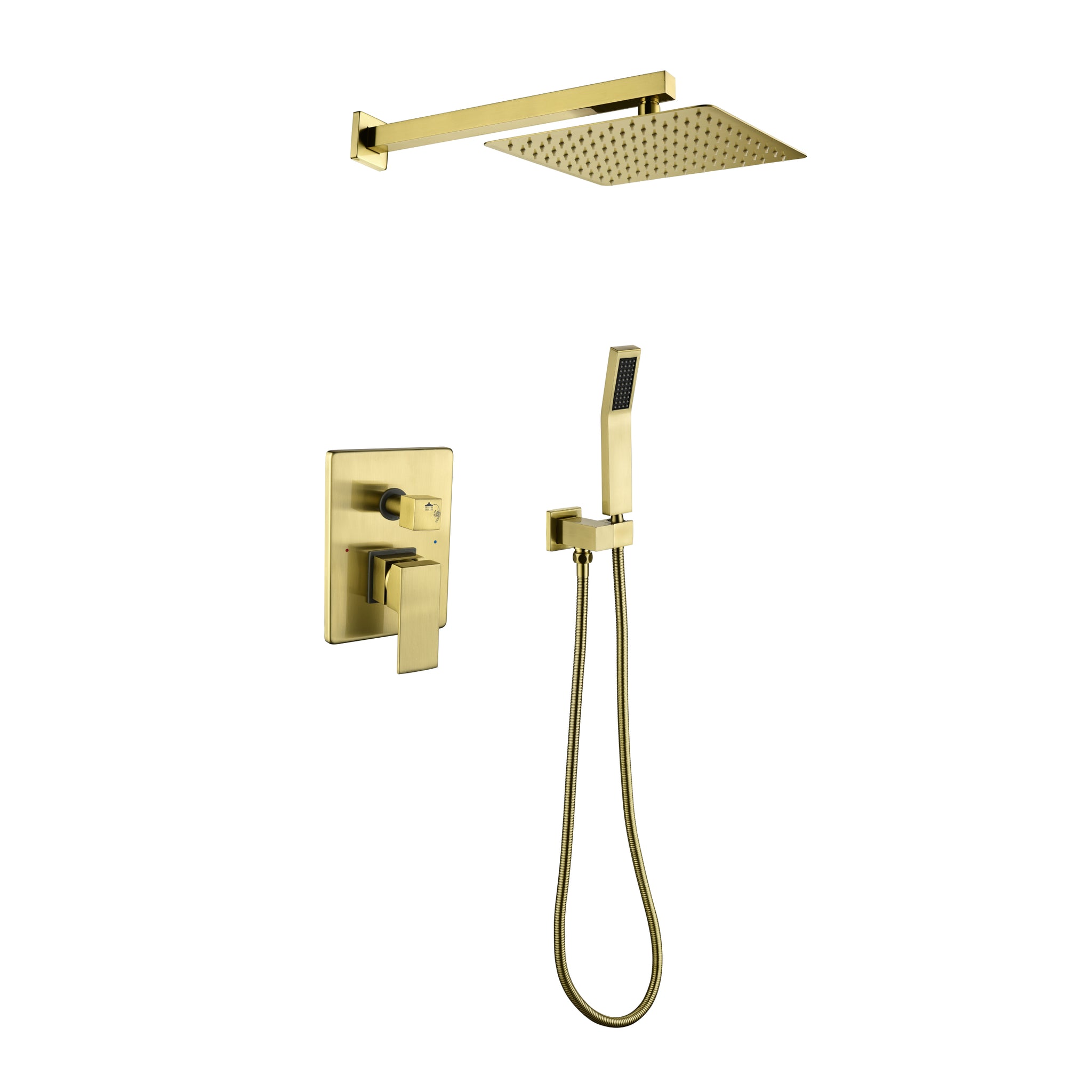 Brushed Gold Shower System, Bathroom 10 Inches Rain Shower Head With Handheld Combo Set, Wall Mounted High Pressure Rainfall Dual Shower Head System, Shower Faucet Set With Valve And Trim Gold Brass