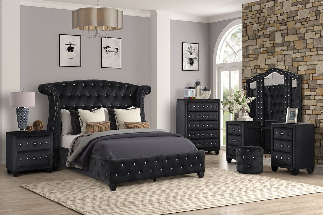 Full 5 Pc Vanity Upholstery Bedroom Set Made With Wood In Black Box Spring Not Required Full Black Wood 5 Piece Set Bedroom Contemporary,Modern Acacia Upholstered Velvet Tufted Wood