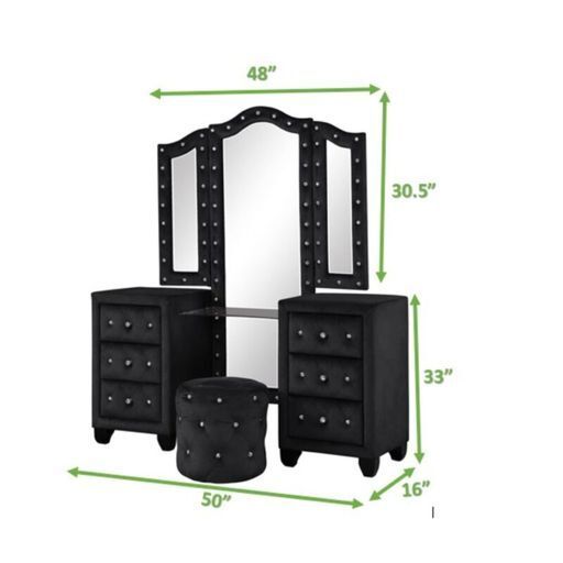 Sophia Queen 4 Pc Vanity Upholstery Bedroom Set Made With Wood In Black Box Spring Not Required Queen Black Wood 4 Piece Set Bedroom Contemporary,Modern Acacia Upholstered Velvet Tufted Wood