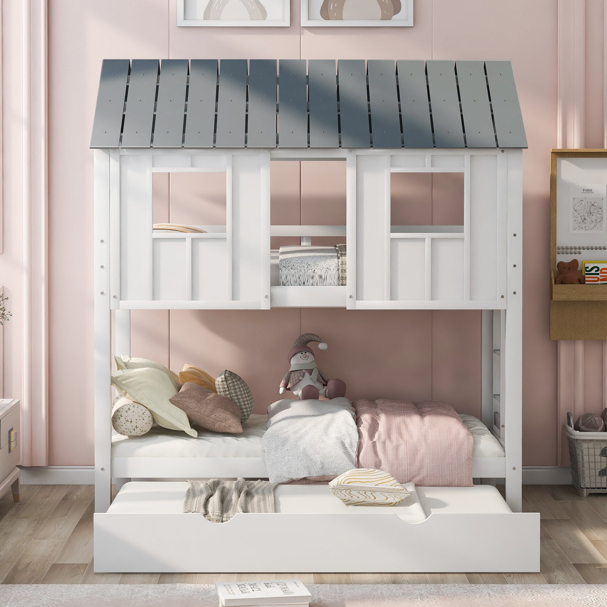 House Bunk Bed With Trundle,Roof And Windows,White Old Sku:Gx000705Aak White Pine