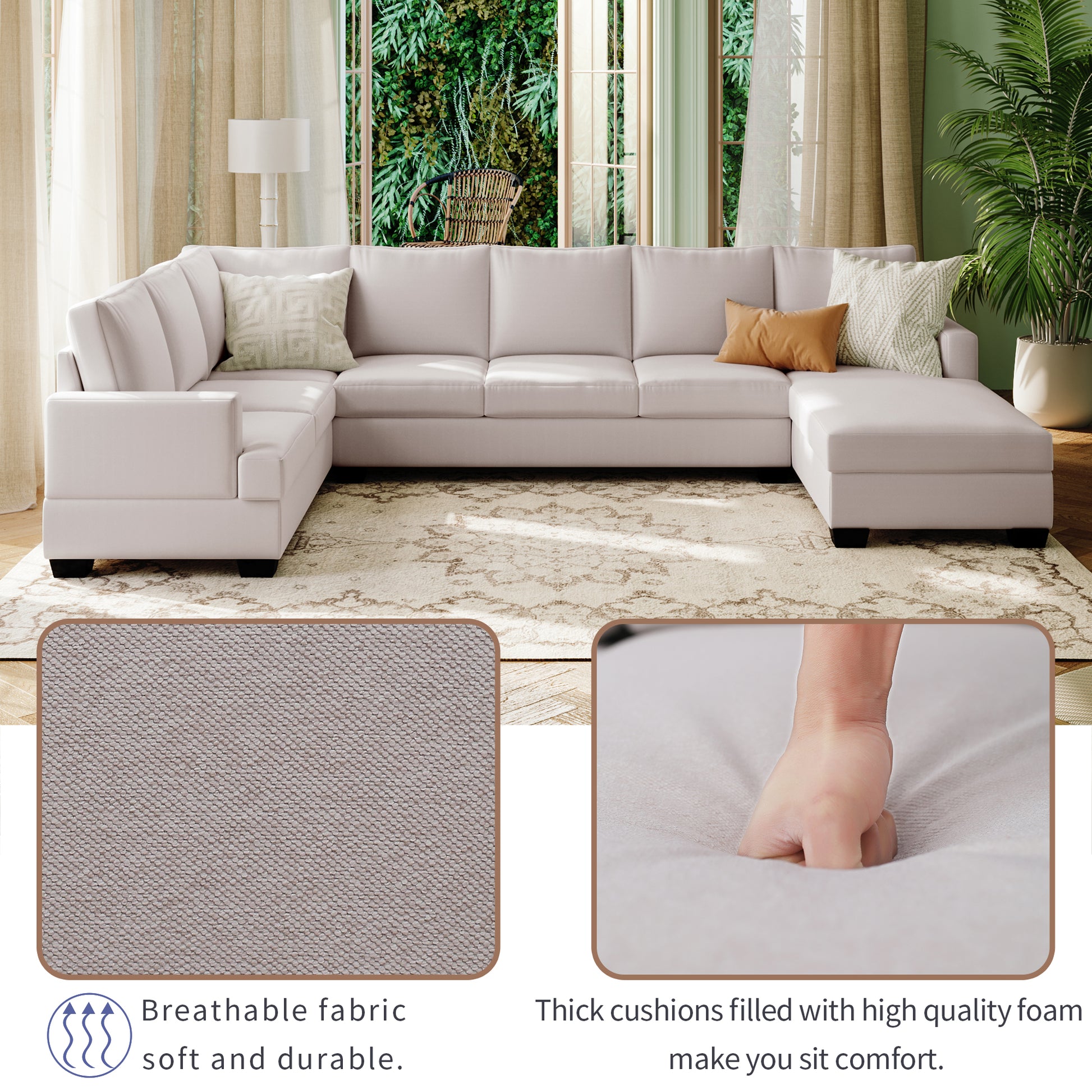 Ustyle Modern Large Upholstered U Shape Sectional Sofa, Extra Wide Chaise Lounge Couch, Beige Beige Polyester