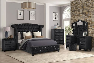 Crystal Tufted King Bed Made With Wood In Black Box Spring Not Required King Black Wood Bedroom Contemporary,Modern Acacia Upholstered Velvet Wood