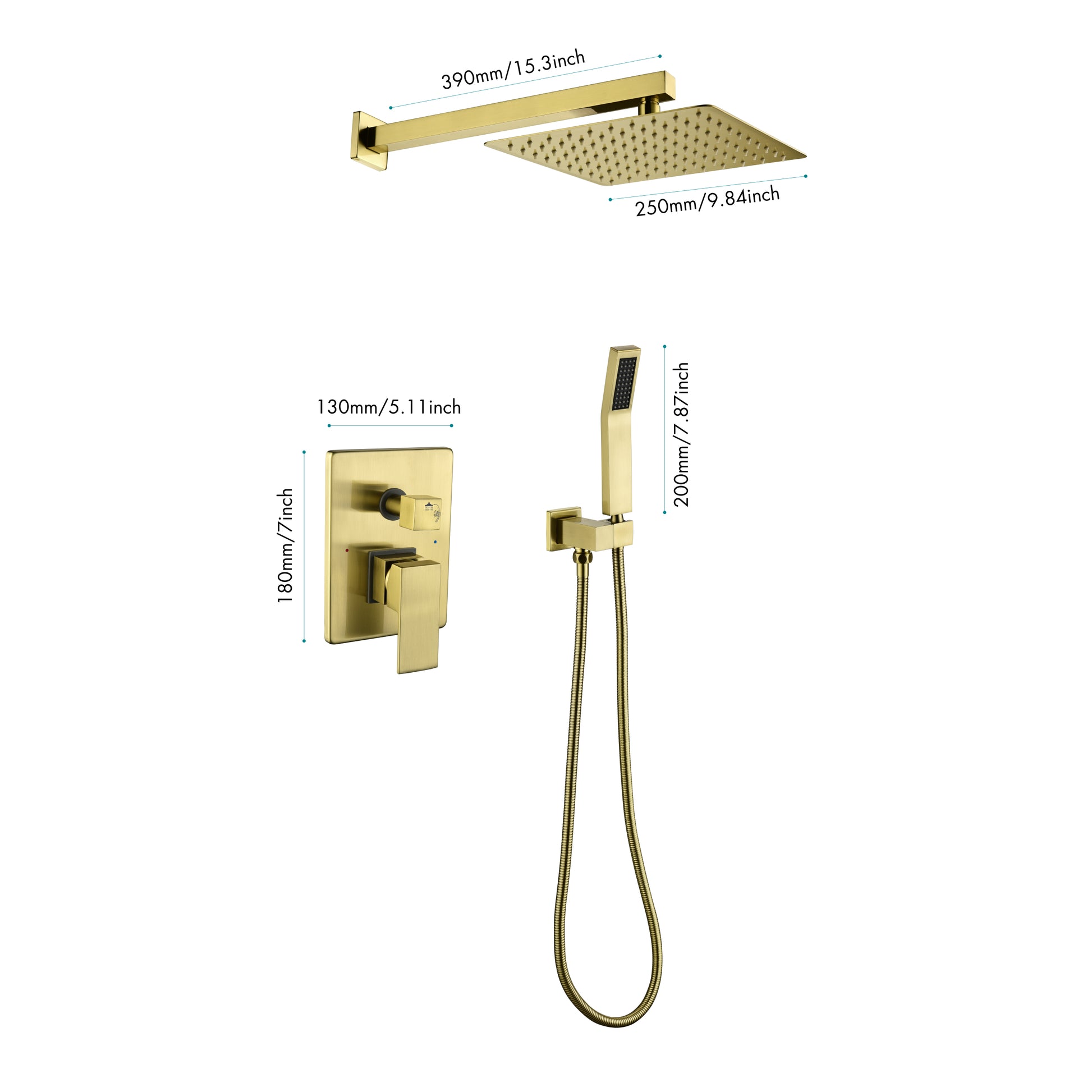 Brushed Gold Shower System, Bathroom 10 Inches Rain Shower Head With Handheld Combo Set, Wall Mounted High Pressure Rainfall Dual Shower Head System, Shower Faucet Set With Valve And Trim Gold Brass