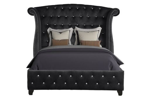 Sophia Upholstery Queen Size Bed Made With Wood In Black Color Box Spring Not Required Queen Black Wood Bedroom Contemporary,Modern Acacia Upholstered Velvet Wood