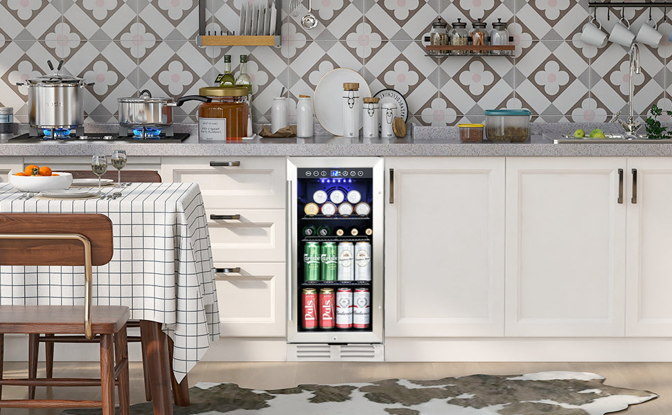 Built In And Freestanding 15" Mini Beverage Refrigerator Wine Cabinet, 120 Cans, 37 65 F, Quiet, Adjustable Shelves, Led Lighting, Etltouch Controls, Defrost, Double Glass Door, Kitchen Bar Office Black And Silver Steel Stainless Steel