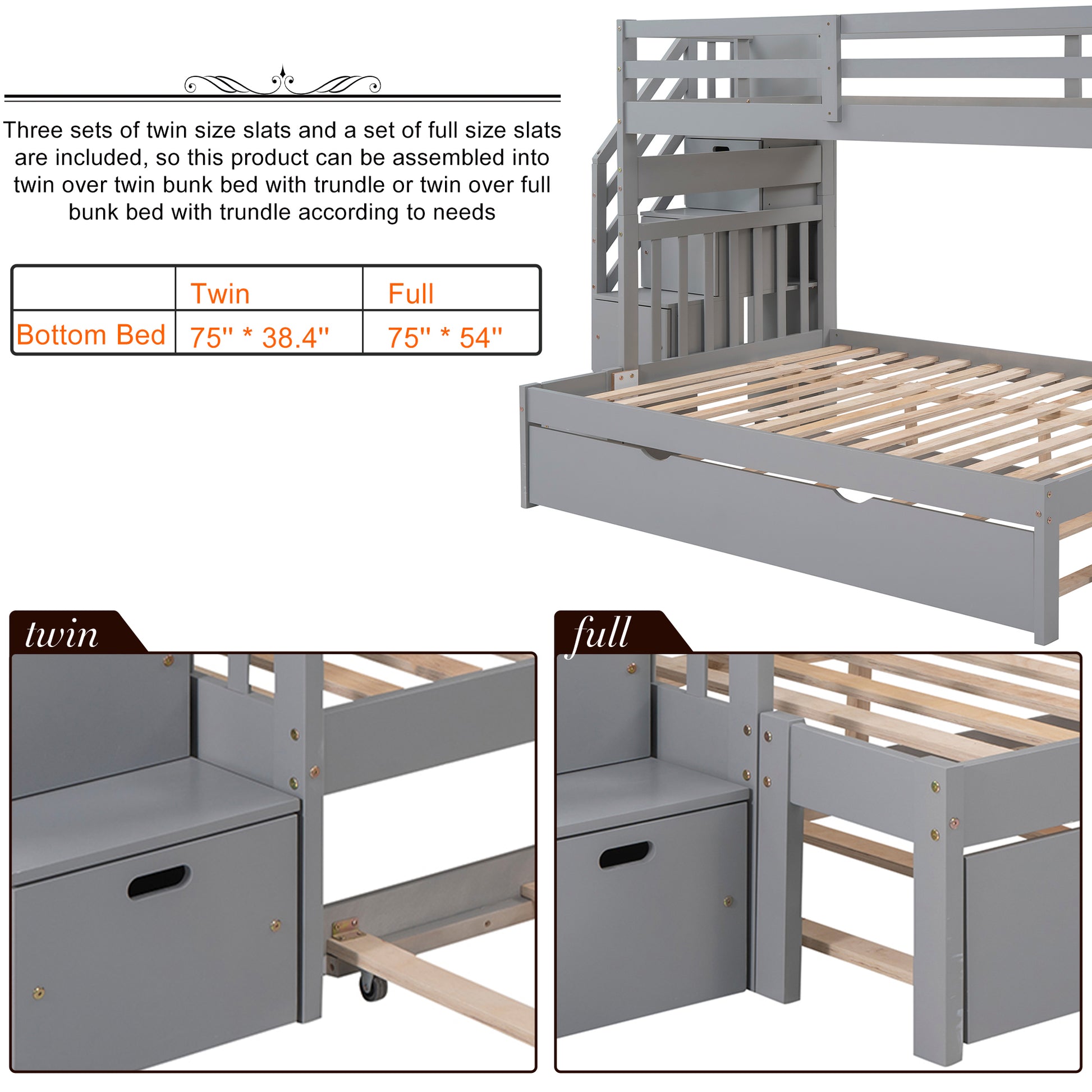 Twin Over Twin Full Bunk Bed With Twin Size Trundle Gray Old Sku :Lp000025Aae Gray Solid Wood