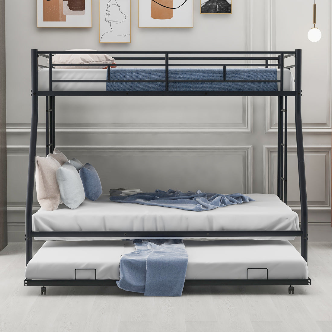 Twin Over Full Bed With Sturdy Steel Frame, Bunk Bed With Twin Size Trundle, Two Side Ladders, Black Old Sku:Mf194424Aab Black Metal