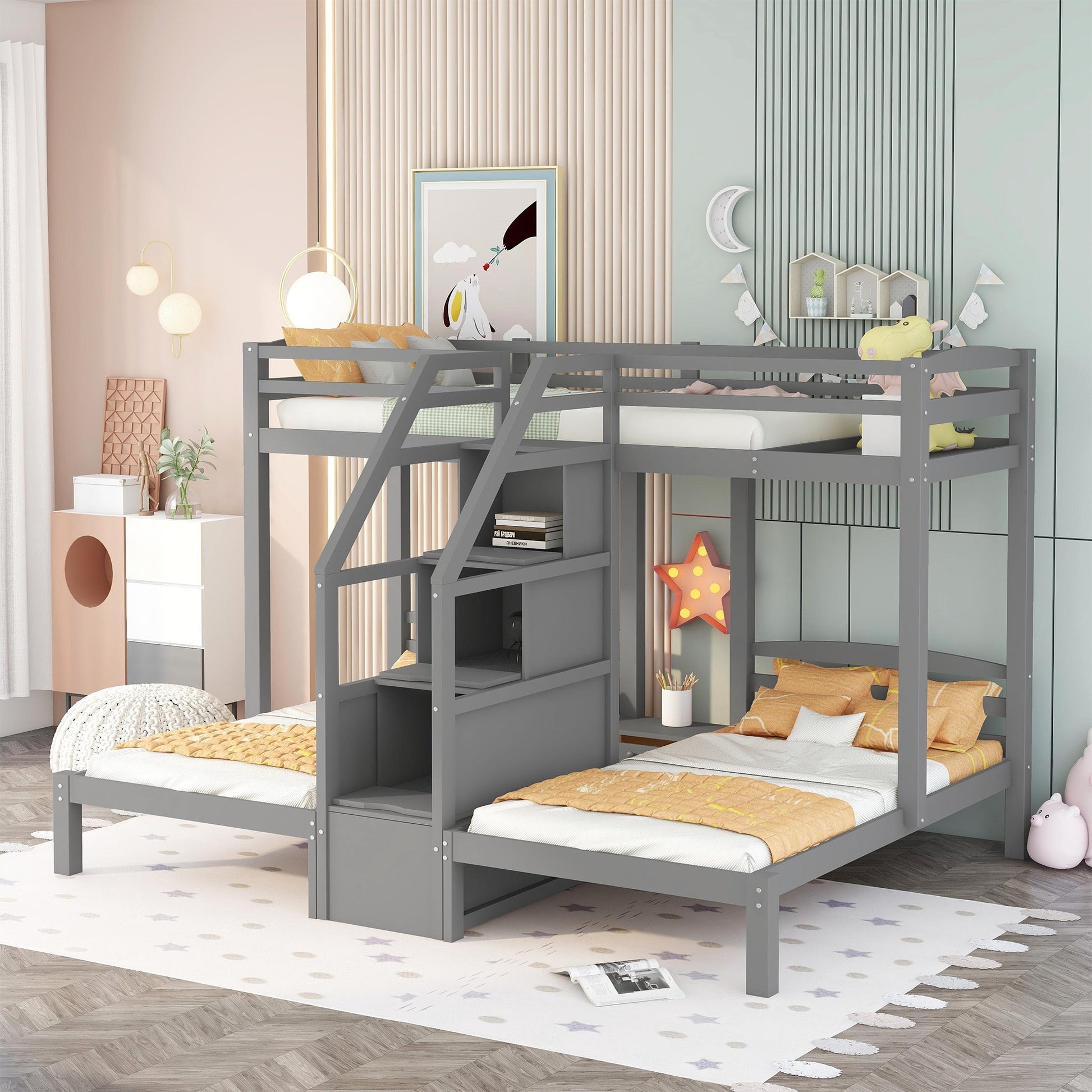 Twin Over Twin & Twin Bunk Bed With Built In Staircase And Storage Drawer,Gray Gray Pine